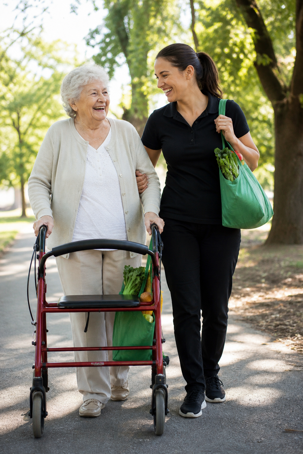 A caregiver and an older woman walking together in a park