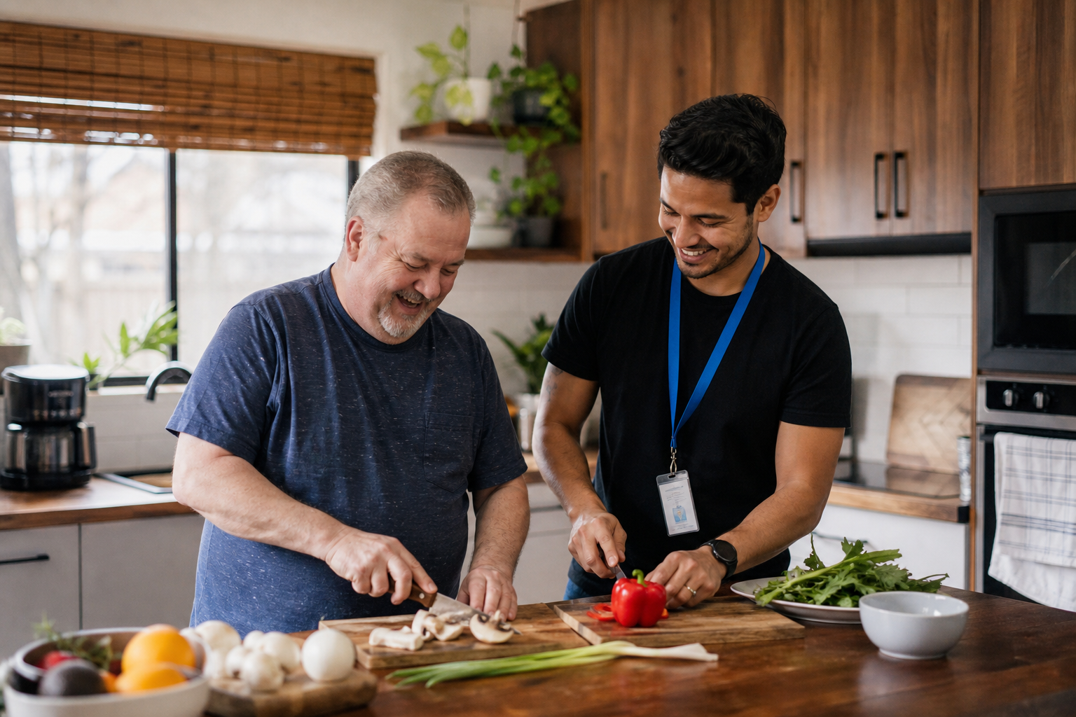 A support worker and participant cooking together in a kitchen